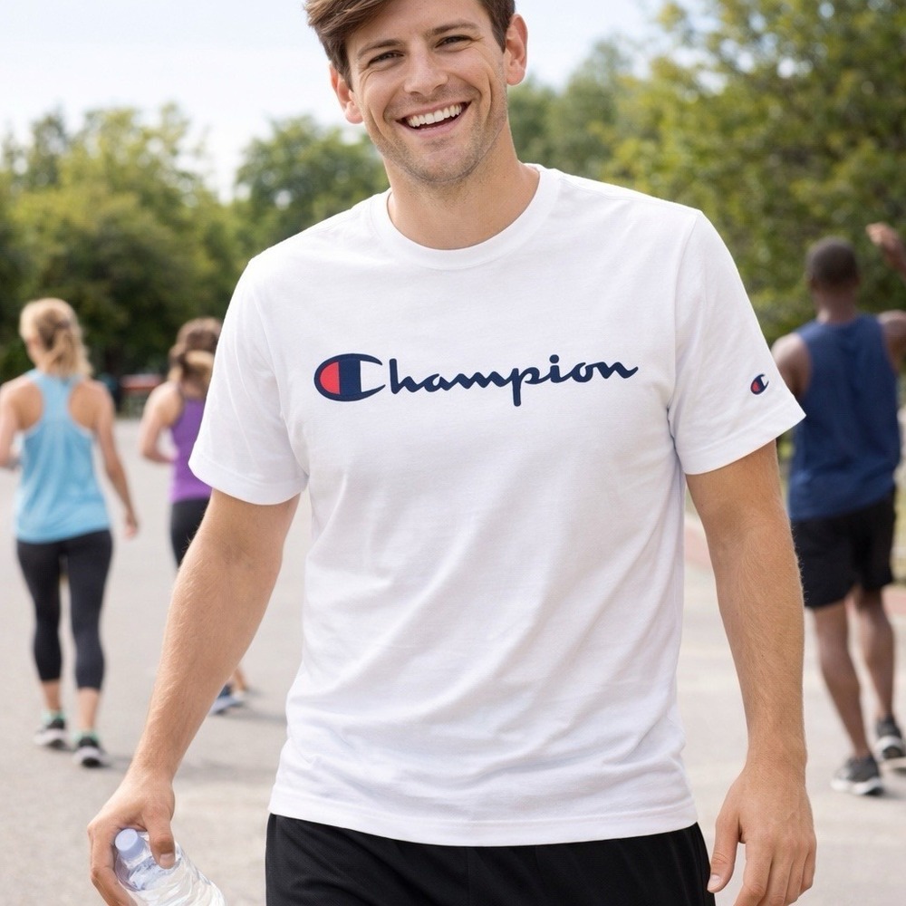 Champion Raised Logo Tee Shirt Heritage Life Script Mens XS White Athletic Fir